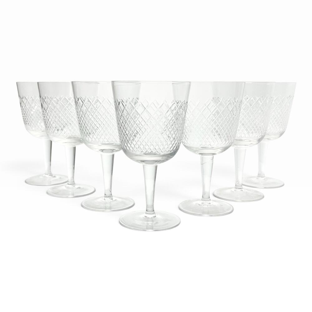 1950s Vintage Mid-century 7 Wine or Water Glasses Criss-Cross X Fishnet Cuts